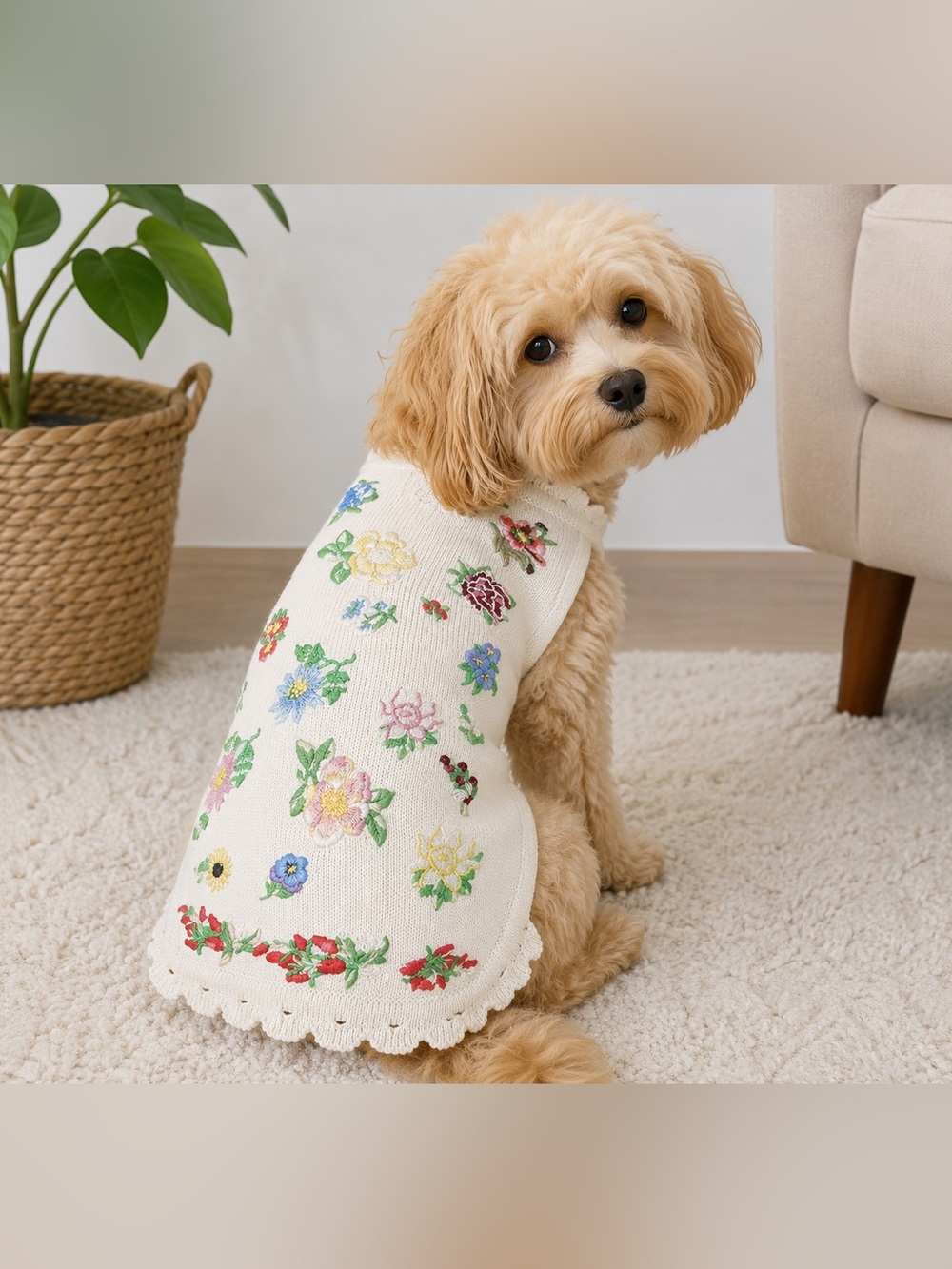 Vintage Floral Embroidered Dog Sweater Cream Knit Pet Vest Scalloped Trim